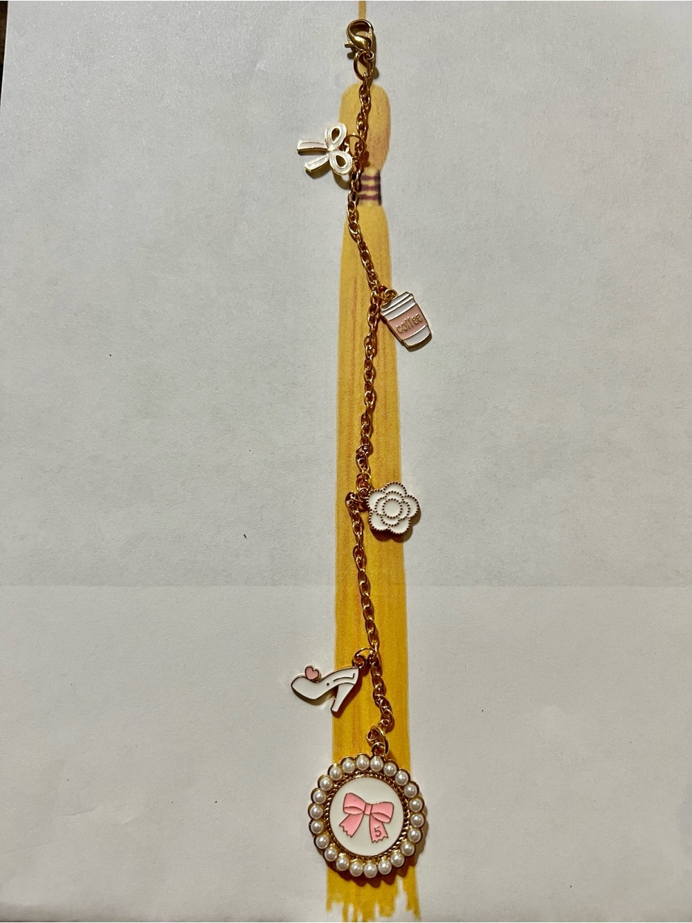 Gold Charm Necklace with Pink Bow and Pearl Medallion
